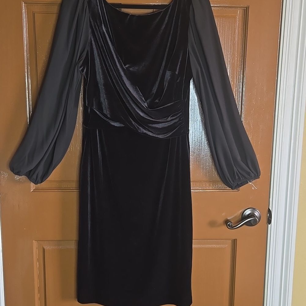 Vince Camuto-Velvet blk V back dress with sheer long sleeves & draped waist S 14